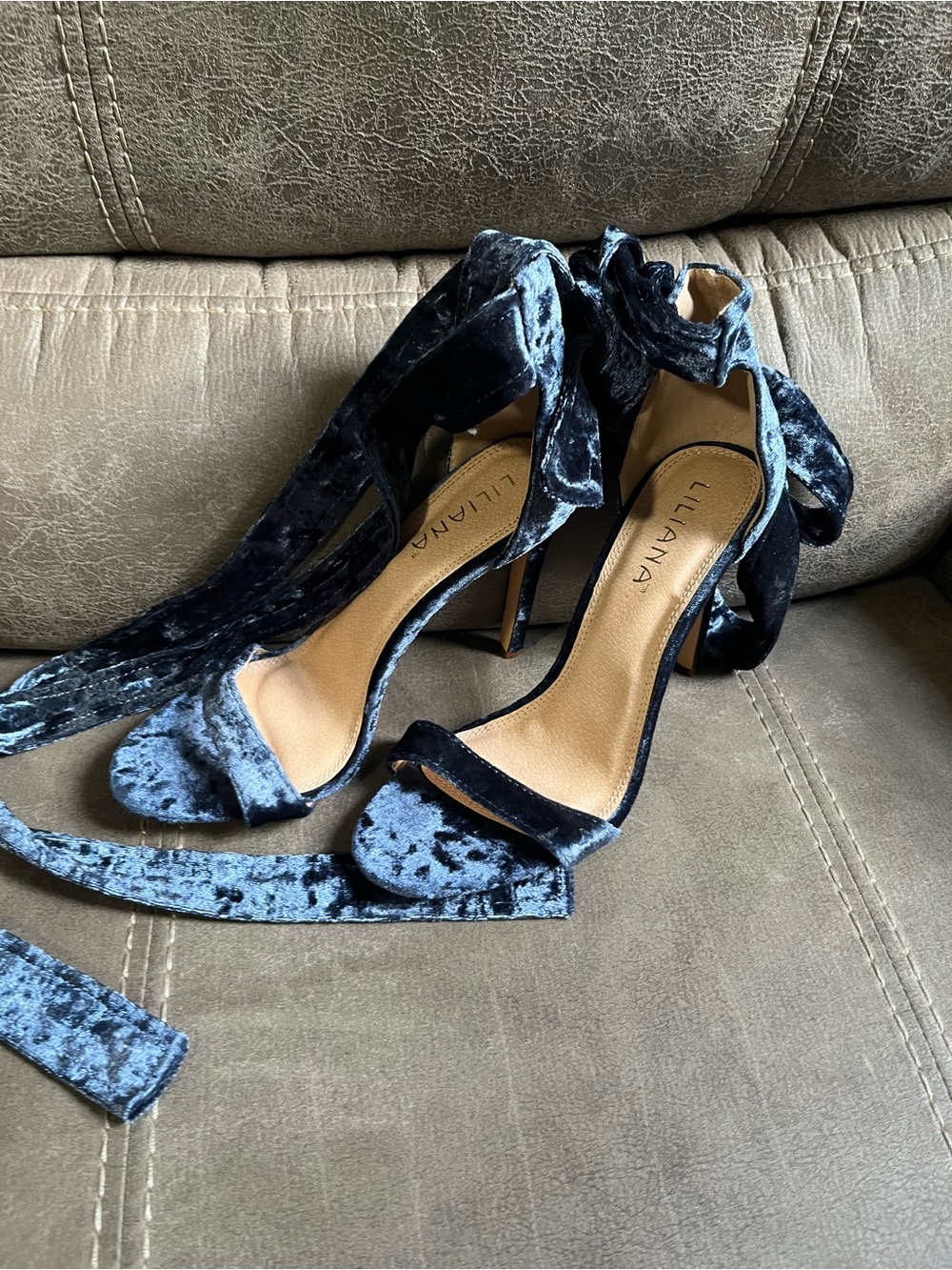 Liliana Blue Crushed Velvet Ankle Tie Stiletto Heels